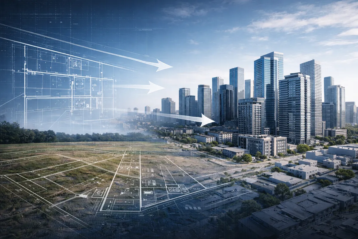 A blueprint overlay on open land transforming into a city skyline