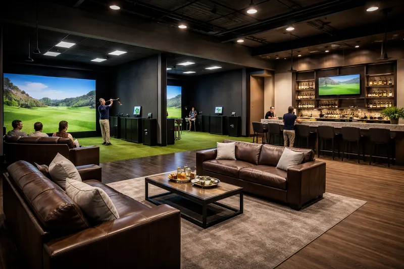 An indoor golf simulator lounge with a bar