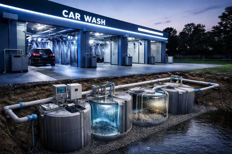 A car wash building with its on-site water system shown underground