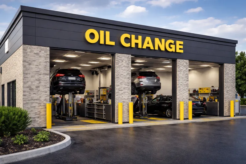 A drive-thru oil change building with vehicles on lifts