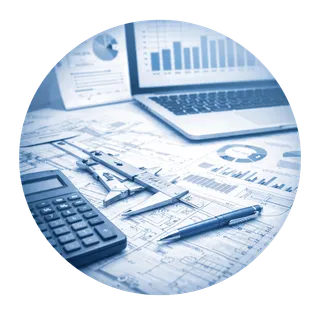 A calculator, calipers and financial charts over blueprints