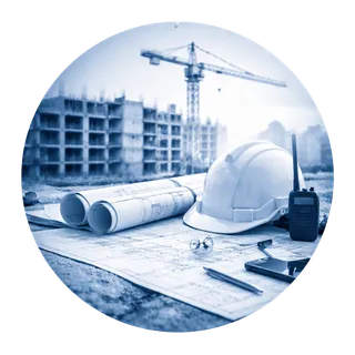 Rolled blueprints and a hard hat in front of a building under construction