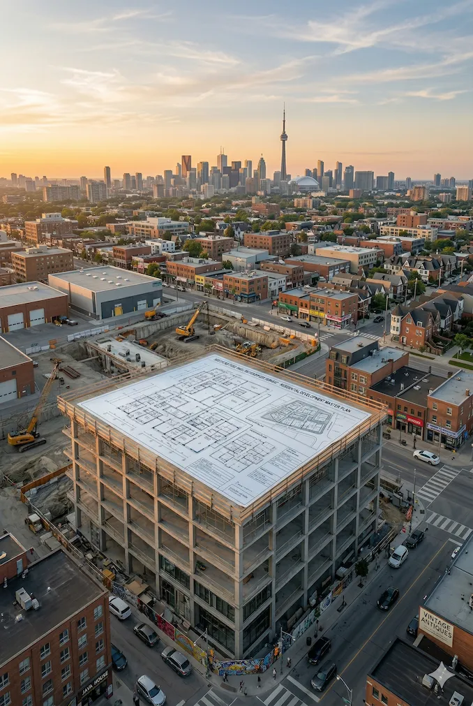 A building under construction in Toronto with a development master plan on its roof, with the CN Tower at sunset